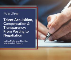 Image of someone writing with the text: Talent Acquisition, Compensation & Transparency: From Posting to Negotiation