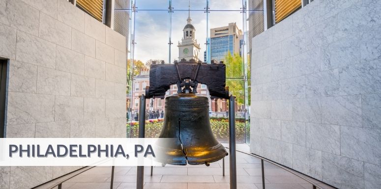Photo of the Liberty Bell with the text: Philadelphia, PA