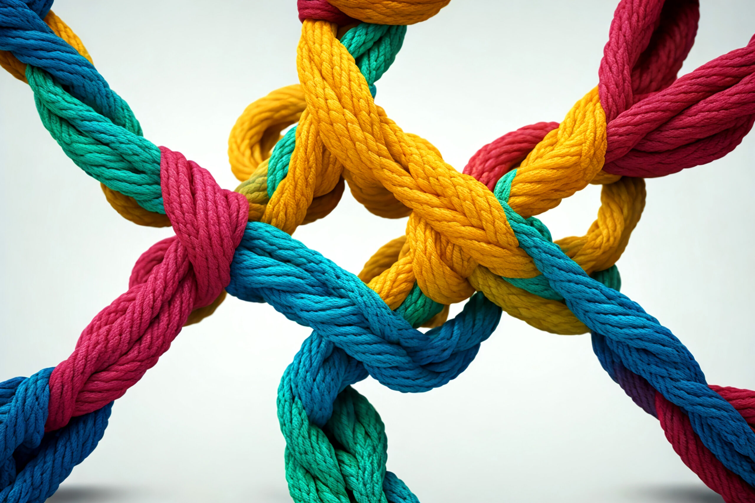 Collective Effort Integration and Unity with teamwork concept as a business metaphor for joining a partnership synergy as diverse ropes connected together in interdependence1